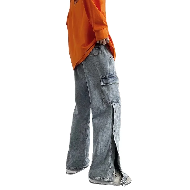 High Street Style Denim Cargo With Side Pocket Jeans Vintage Straight Wide Leg Jeans Loose Jeans
