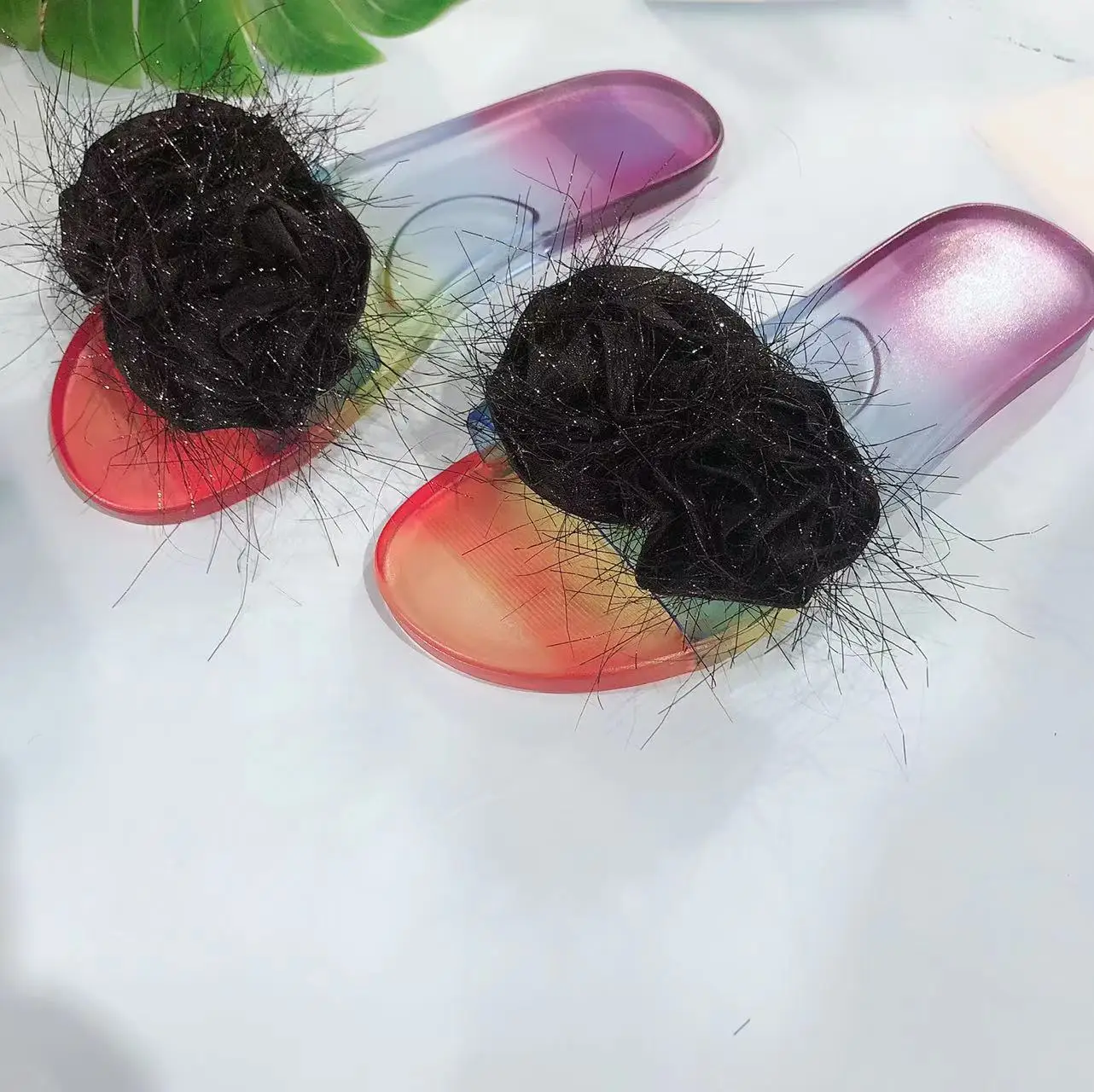 Ubililia Ladies Fashion Summer Flats Outdoor Woman Slides Beach nude one letter shiny flower Slip On crystal Clear jelly Shoes