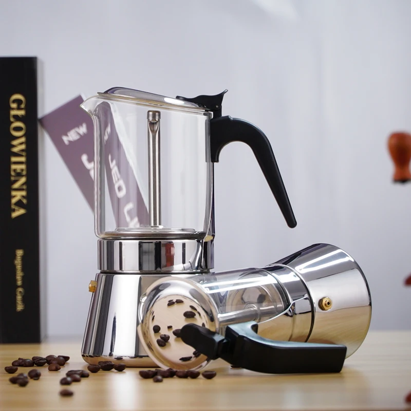 Silver 360ml Portable Household Glass Stainless Steel Food Grade Materials  Coffee Maker Moka Pot