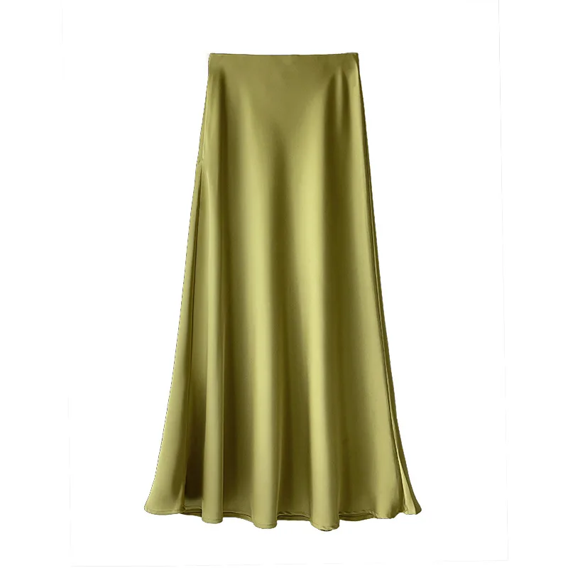 Ladies Streetwear Long Ankle-Length Solid Black Skirt Summer Women Brown Satin Skirts High Waist A-Line Skirt