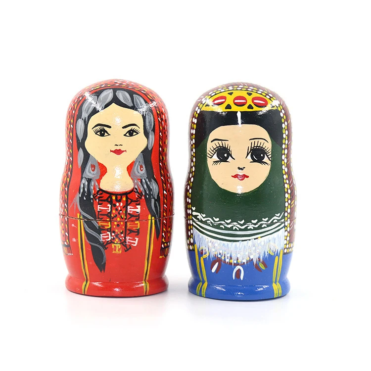 Custom pattern handicraft decoration Ethnic style wooden handmade products 5 layers Wood Russian Nesting Dolls