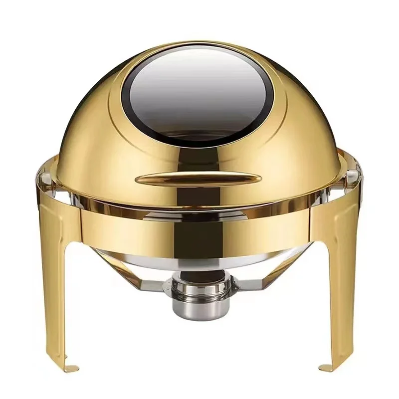 Luxury Large Stainless Steel Chafing Dish Gold 6.5L Big Roll Top Round Catering Chafing Dish Food Warmer