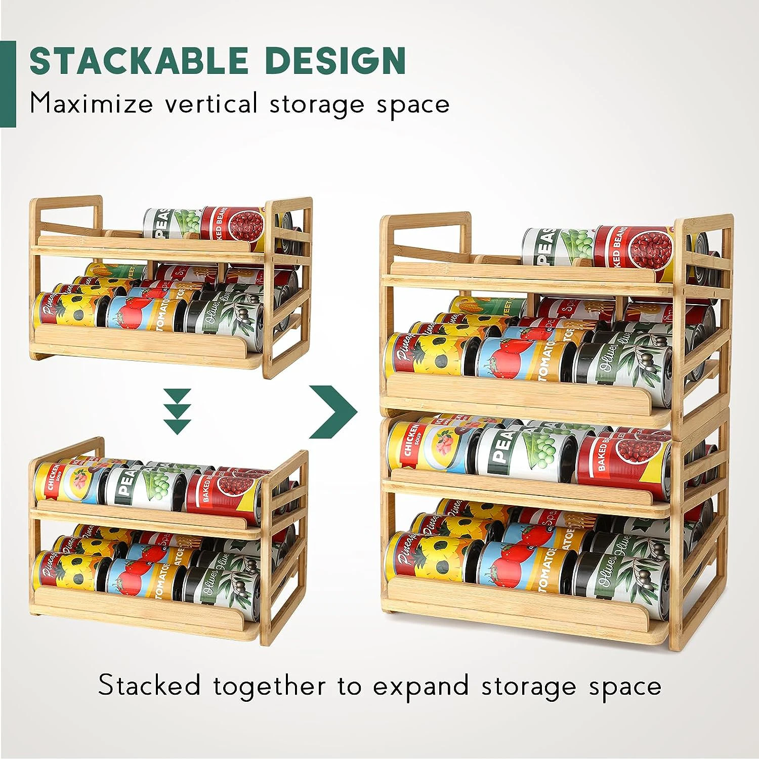 Rolling Bamboo Can Organizer Rack Stackable Double-Layer Can Organizers and Storage For Pantry, Canned Goods Holder Dispenser