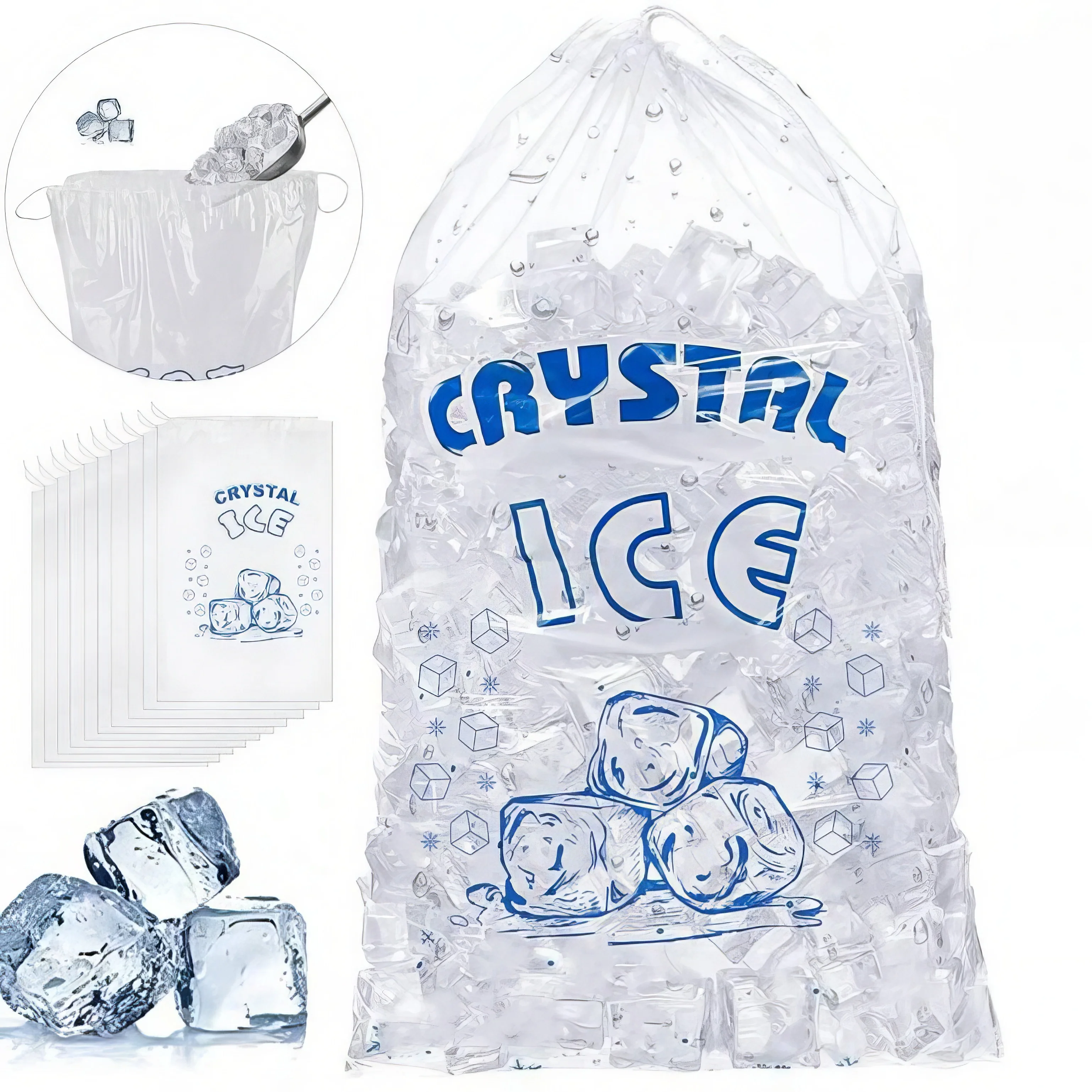 Food Grade BPA Free Safe 10 lbs Ice Bags Heavy Duty Printed Drawstring Ice Bags for Packaging Ice Cubes