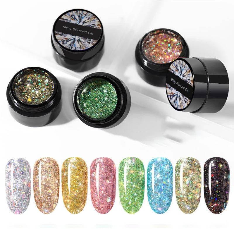 Блестящий Гель-лак частной марки раздавленный бриллиант УФ-Гель-лак OEM/ODM набор модных флэш-клеев оптовая продажа Искусственный лак для ногтей 5