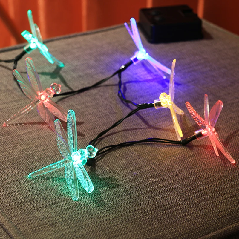 Hot sales outdoors christmas lights 30L multicolor dragonfly led string light chain with 8 modes solar panel for fairy lights