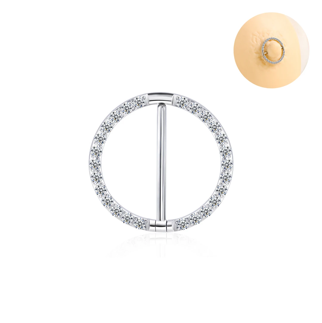 Calendo Classic Nipple Ring ASTM F136 Titanium Round CZ Paved Nipple Shield Ring G23 Titanium Barbell Nipple Piercing Jewelry