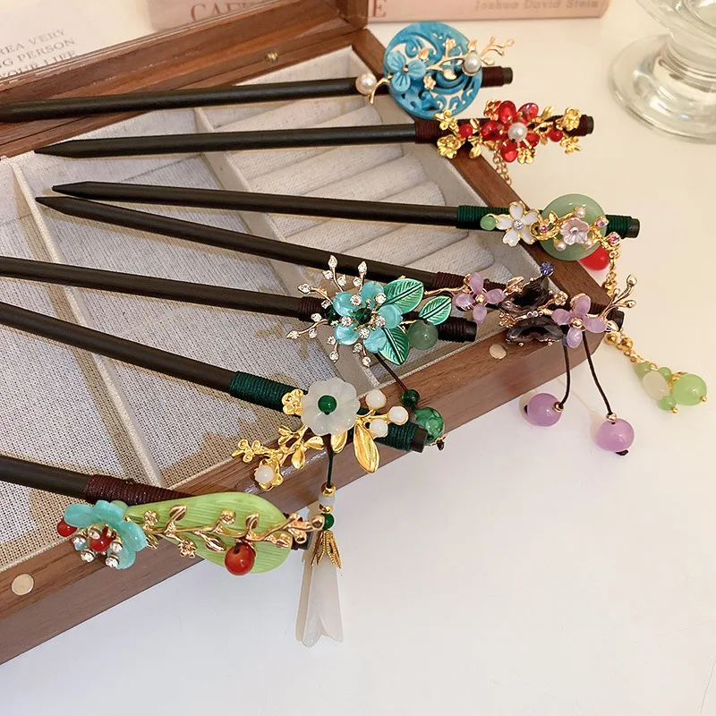 Jiamu New Chinese Style Hair Stick Elegant Flower Butterfly Tasseling Wood Hair Stick For Women Girls Minority Hair Accessories