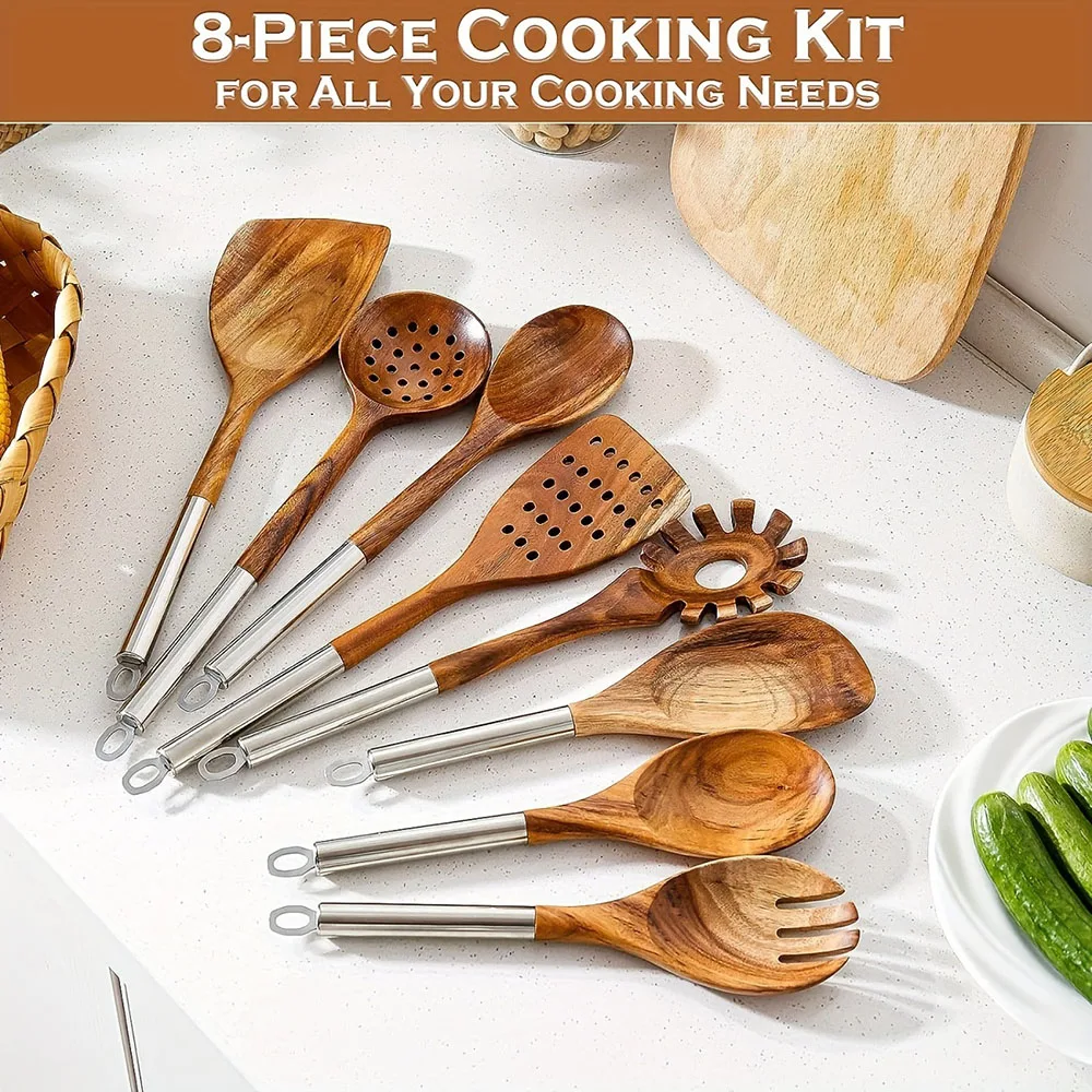 8 PCS Kitchen Cooking Wooden Spoon Spatula Natural Acacia Wood Utensils Set with Stainless Steel Handle