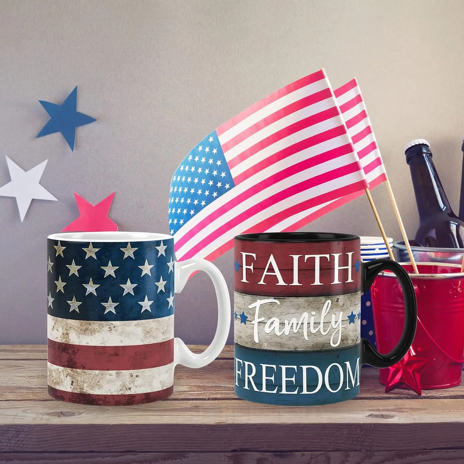 Pafu I2Pcs Patriotic Mugs 4th of July Ceramic Cups Vintage American Flag Stars Stripes Print Drinking Mugs Coffee Cups