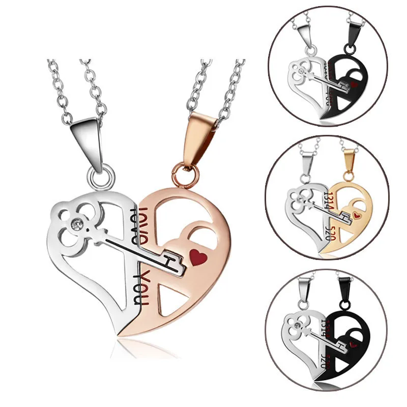 Romantic Heart Key Splicing Pendant Necklace for Women Men Creative Puzzle Couple Necklaces Jewelry