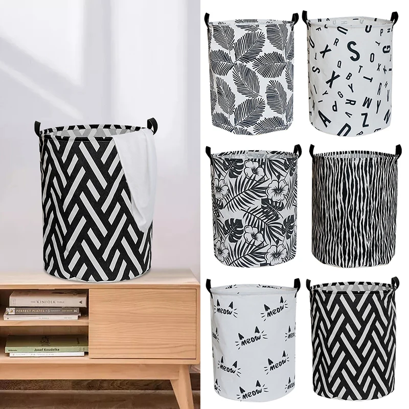 Folding Canvas Black White Printed Cotton Waterproof Collapsible Toy Organizer Clothes Laundry Storage Basket Bins with Handle