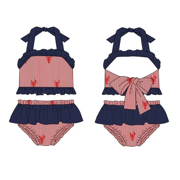 Maxine Wholesale Girls Swimwear Lobster Embroidered Print Baby Girl two-pieces Swimsuit