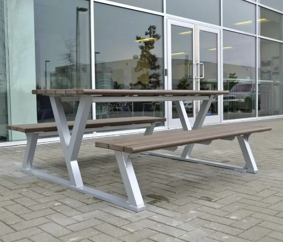 Outside Commercial Patio Hotel Restaurant Wooden Table Bench Modern Dining Outdoor Garden Street Picnic Table