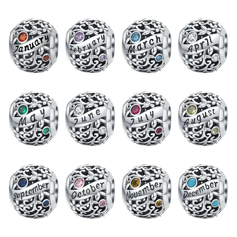 925 sterling silver charm twelve birthstone beads for bracelet DIY Women Jewelry