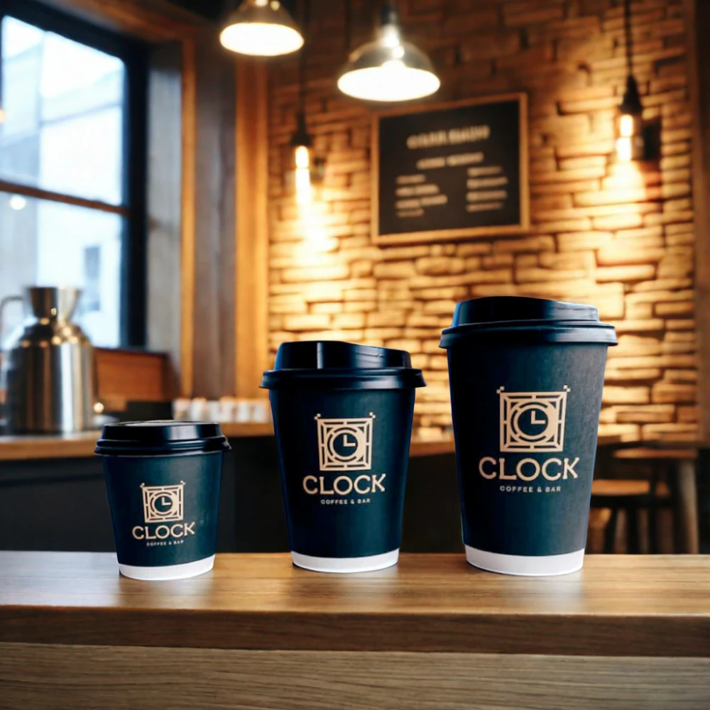 AT PACK Coffee Cup Custom Printed Black 8Oz 12Oz 16Oz 20Oz Cup For Drink Disposable Cafe Cups With Lids