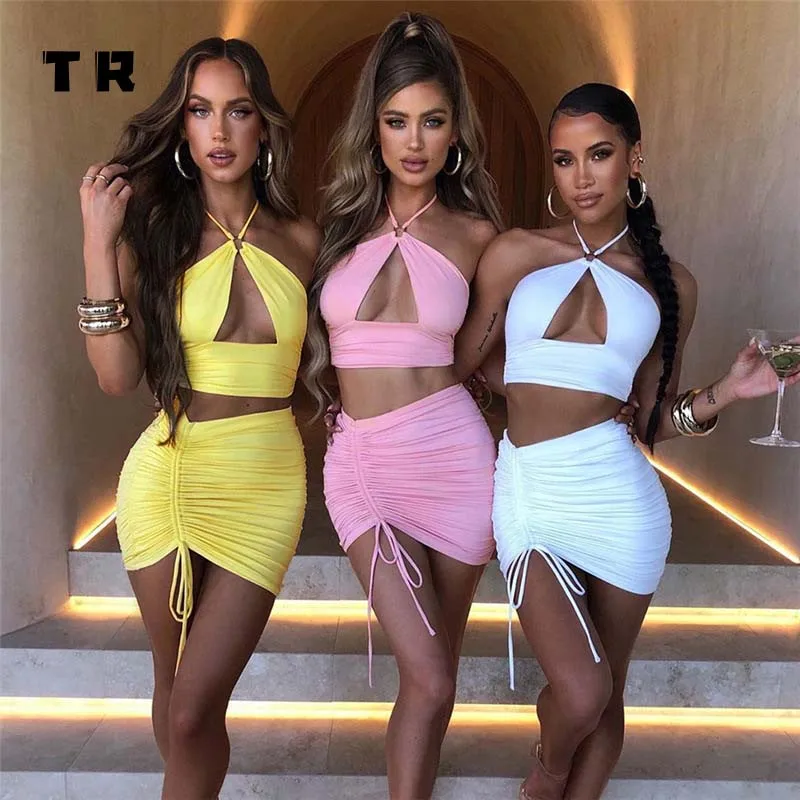 2022 Sexy Summer Dresses Solid Color Women Two-piece Crossover Halter Top With Short Two Piece Skirt Set Girls Dress Sets