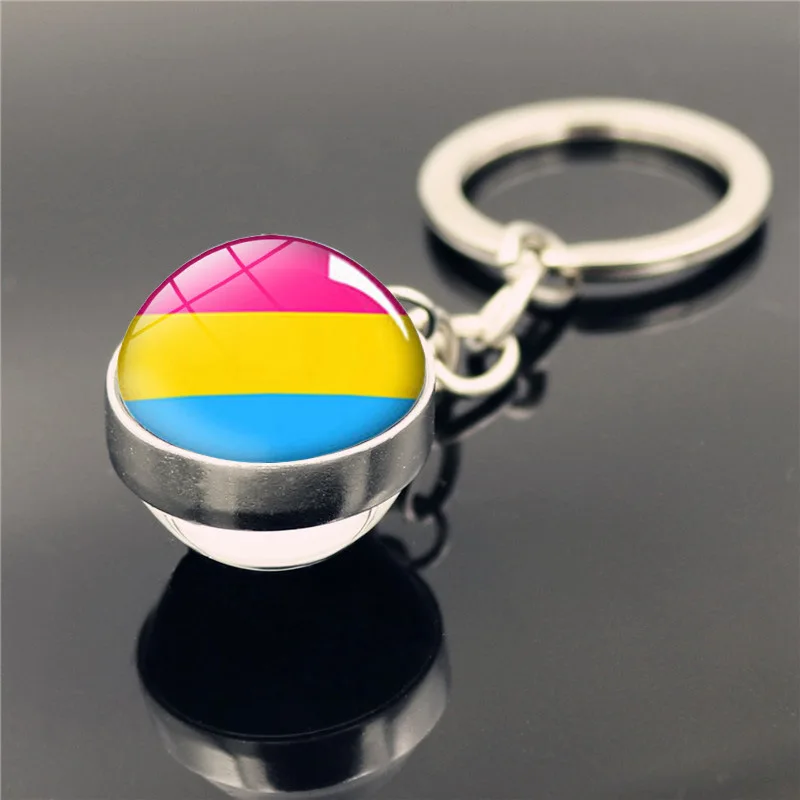 Silver Color Glass Cabochon Rainbow Pattern Double Side Glass Ball Car Keychain Ring Gay Pride Keychain