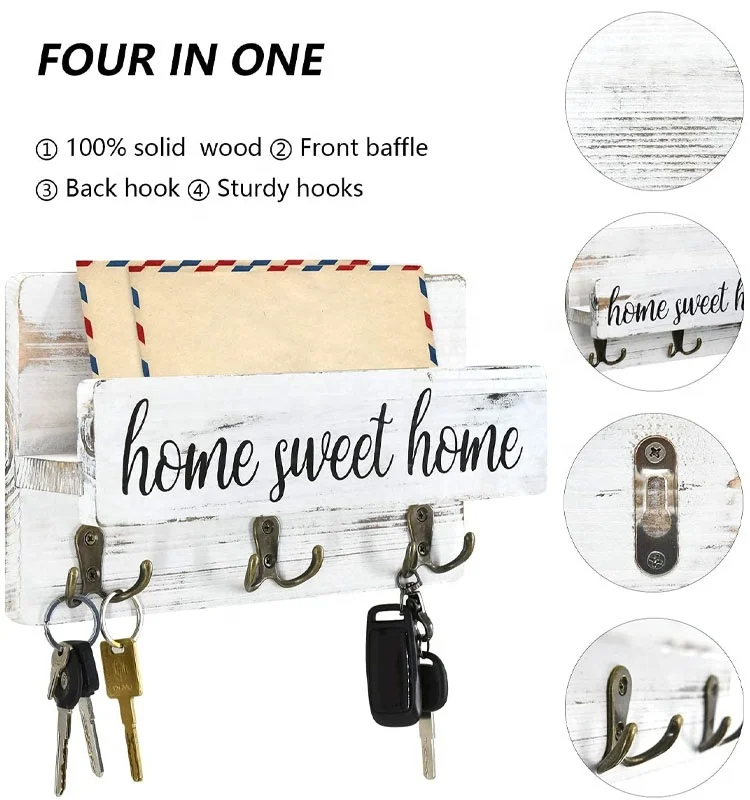 new design 2024 Wholesale Decorative Farmhouse Wall Mounted wood hanging mail and keys holder