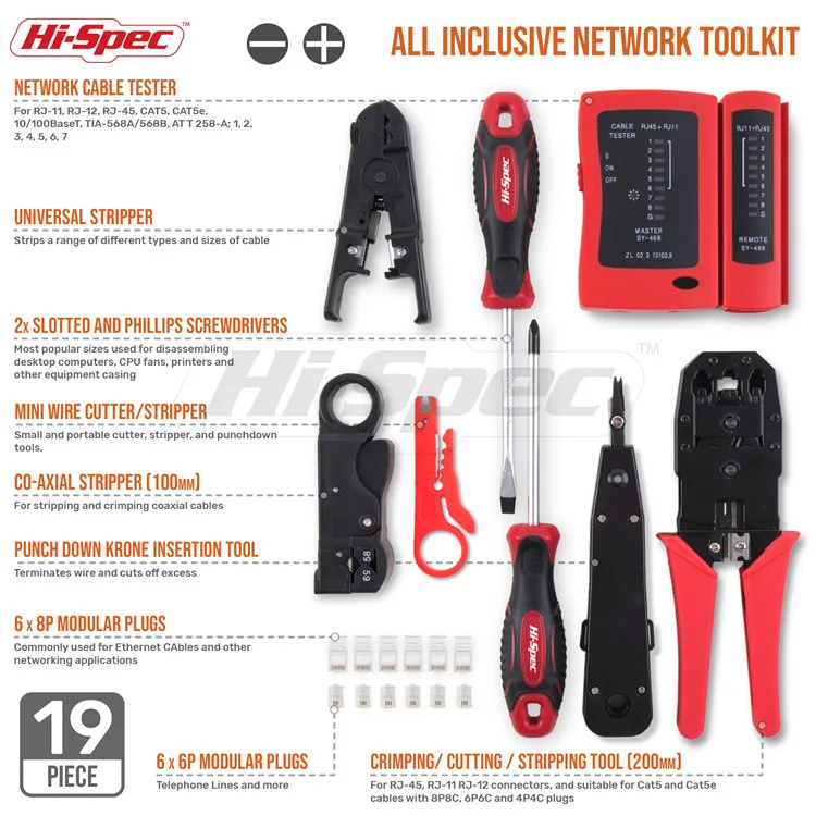 19 Piece Network Tool Kit Complete tool Box Set for Cable Line Installation with Crimper Pliers hand tools in a bag
