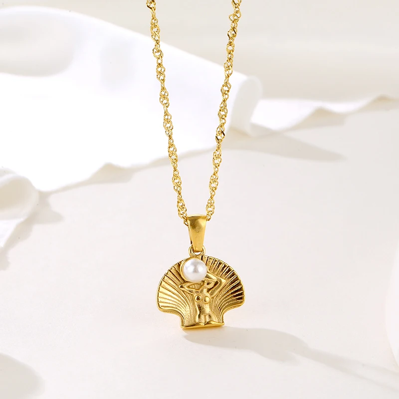 18K Gold Plated Stainless Steel Personalized Female Body Jewelry Women Creative Human Body Pearl Pendant Necklace
