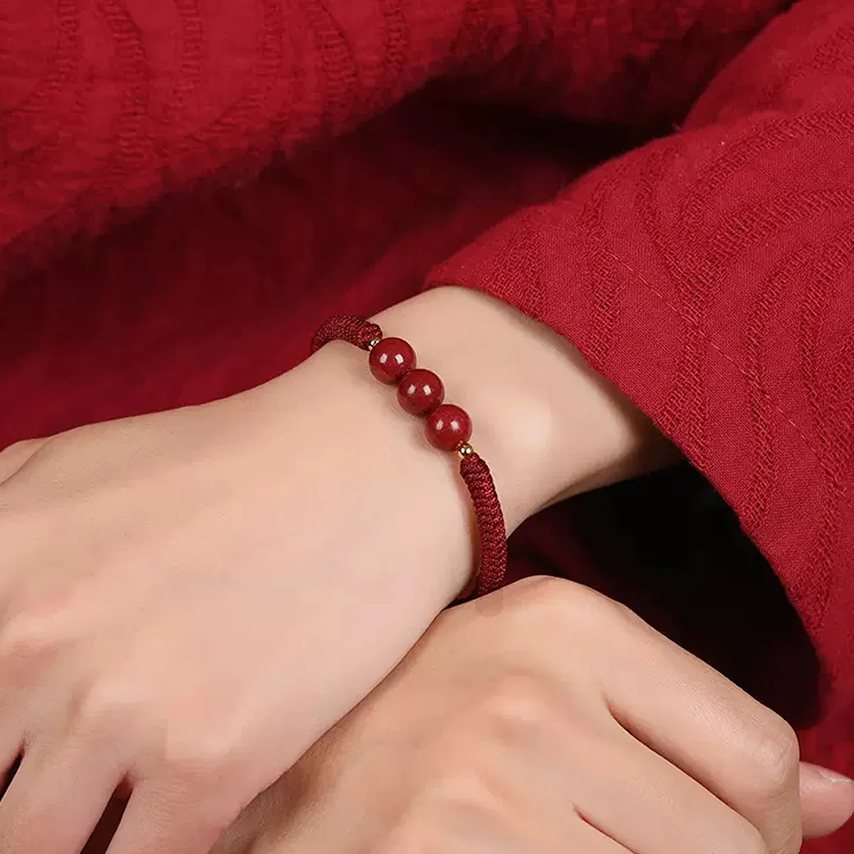 Ethnic Jewelry Red Rope Braided Bracelet 3 Round Onyx Vermilion Macrame Bracelet For Birthday Gift
