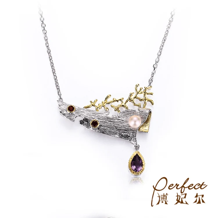 Italian Handmade Amethyst Gemstone 925 Sterling Silver Jewelry Set with Yellow Gold Plated