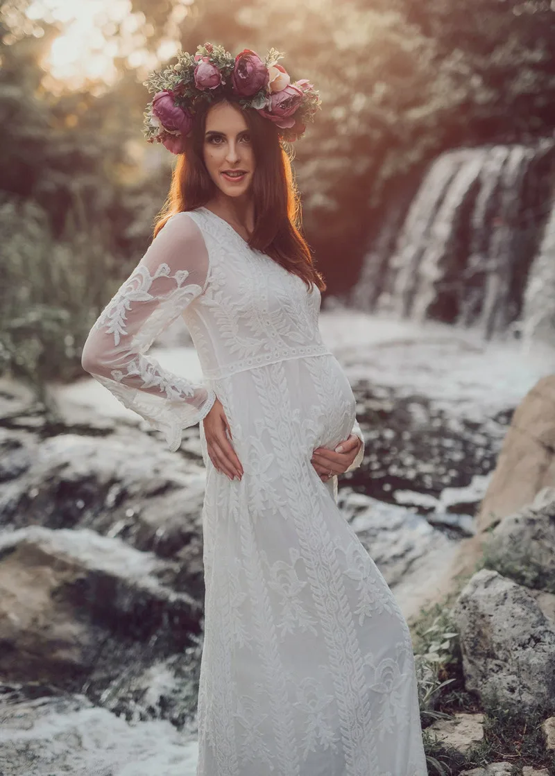 Europe America Pregnant Dress Photo Shoot Lace Maternity Gown White Dresses