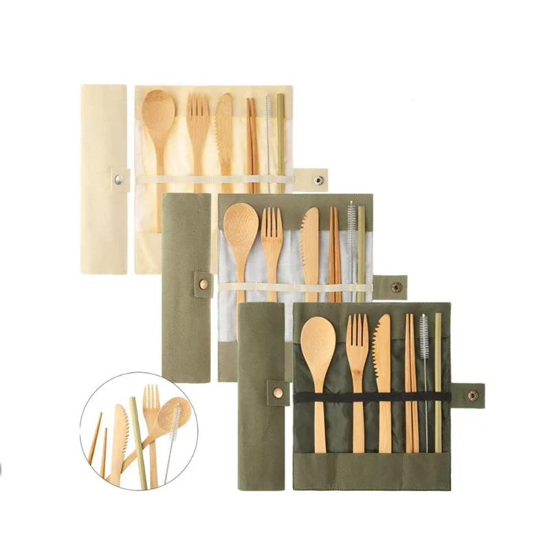Basket 5 Pieces Set Portable Tableware Camping Utensils Set Eco Bamboo Cutlery With Metal Bamboo