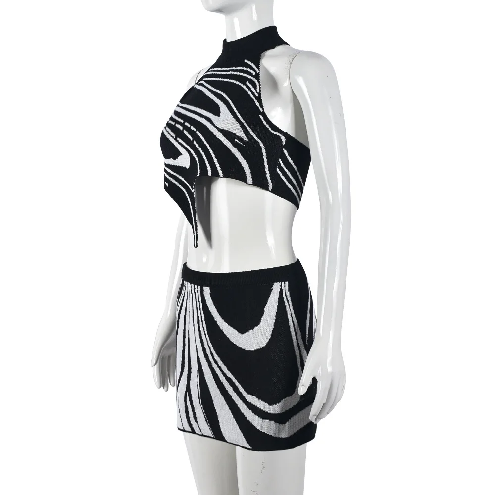 Hater sexy backless contrast color mini skirt sexy 2 pieces set knit skirt set