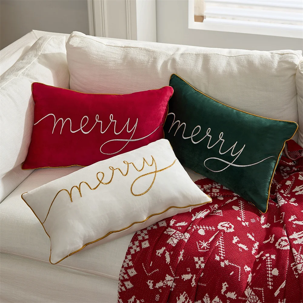 Merry Christmas Embroidery Velvet Burlap Decorative Rectangle Throw Lumbar Waist Pillow Case Cushion Cover Golden Color Piped/