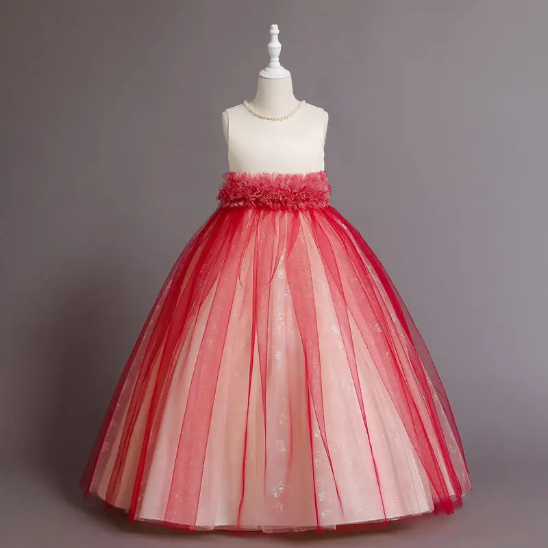 Girls Trailing Lace Dress Flower Kids Dresses for Girls Banquet Show Dress Hot Selling Summer Cotton Mini Satin Fabric