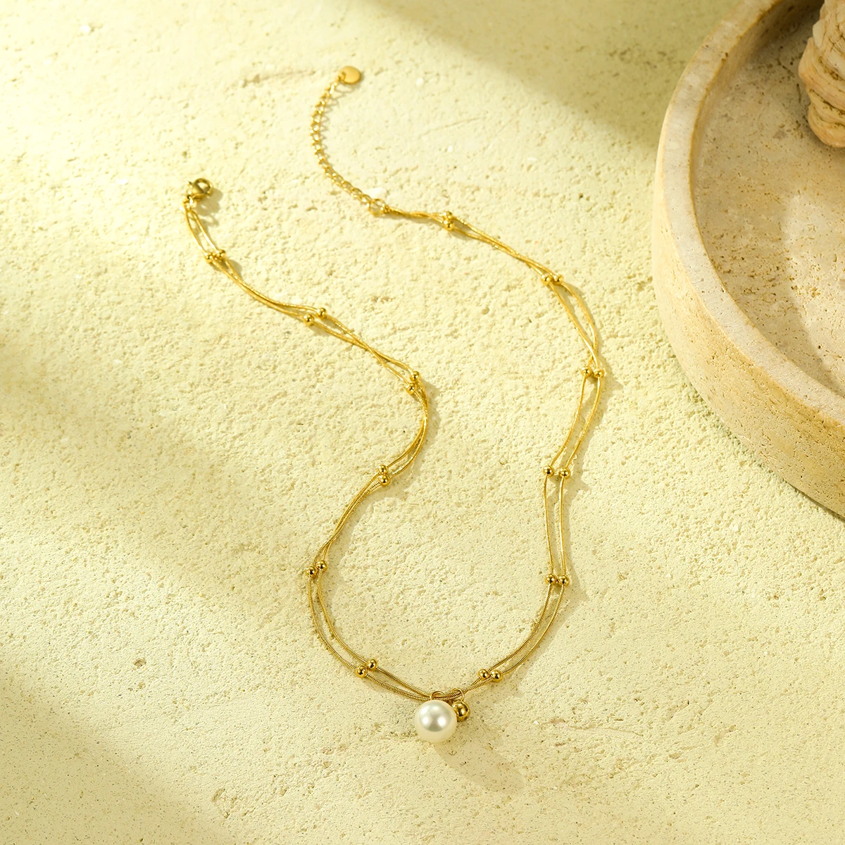 New Trendy Dainty snake Chain Stainless Steel waterproof Double Satellite chain Choker Pearl Pendant Multi Layer Pearl Necklace