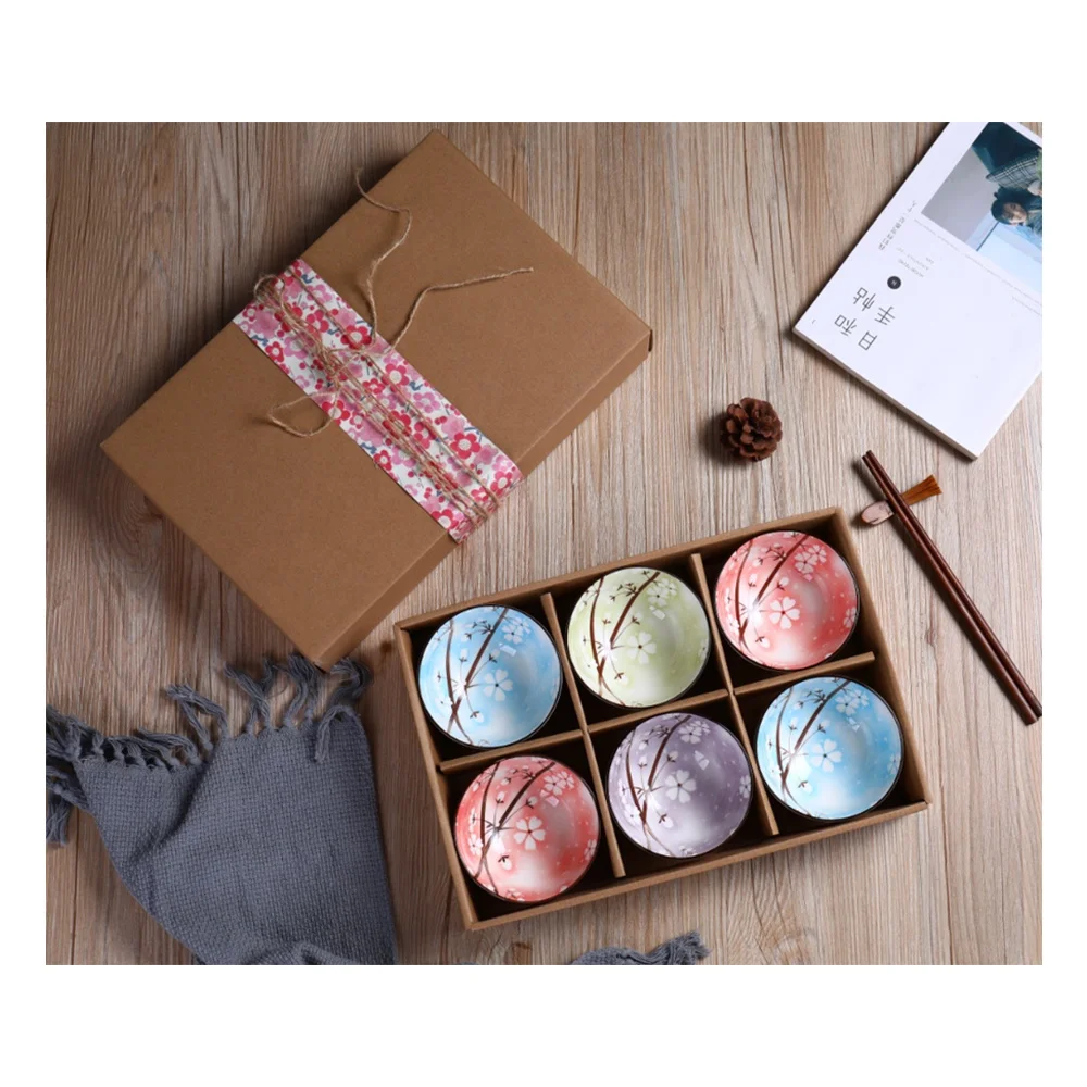 Sakura SIX-piece Japanese ceramic tableware gift bowl set High Temperature flower bowl set with gift box