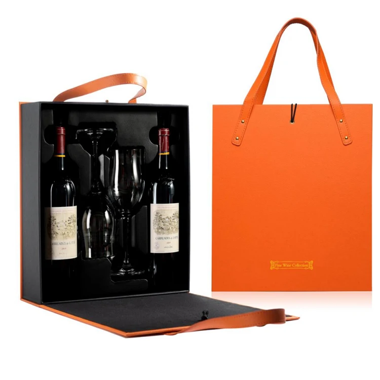 Pu Leather Wine Carry Case Double Glass Bottle Packaging Boxes Wine Gift Bags With 2 Clear Wine Glasses