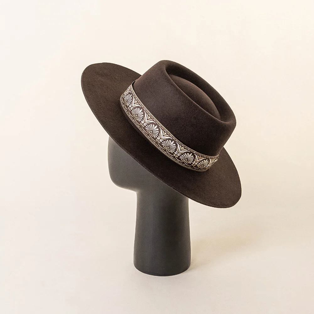 factory wholesale custom autumn winter new wool hat fashion vintage embroidery ribbon top hat wide eaves ring top fedora hat