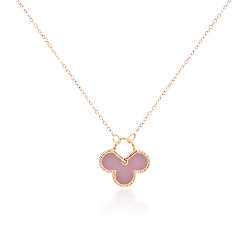 Colorful Ceramic Lucky Clover Pendant 9K Yellow Rose Gold Necklace Real Diamond For Girl