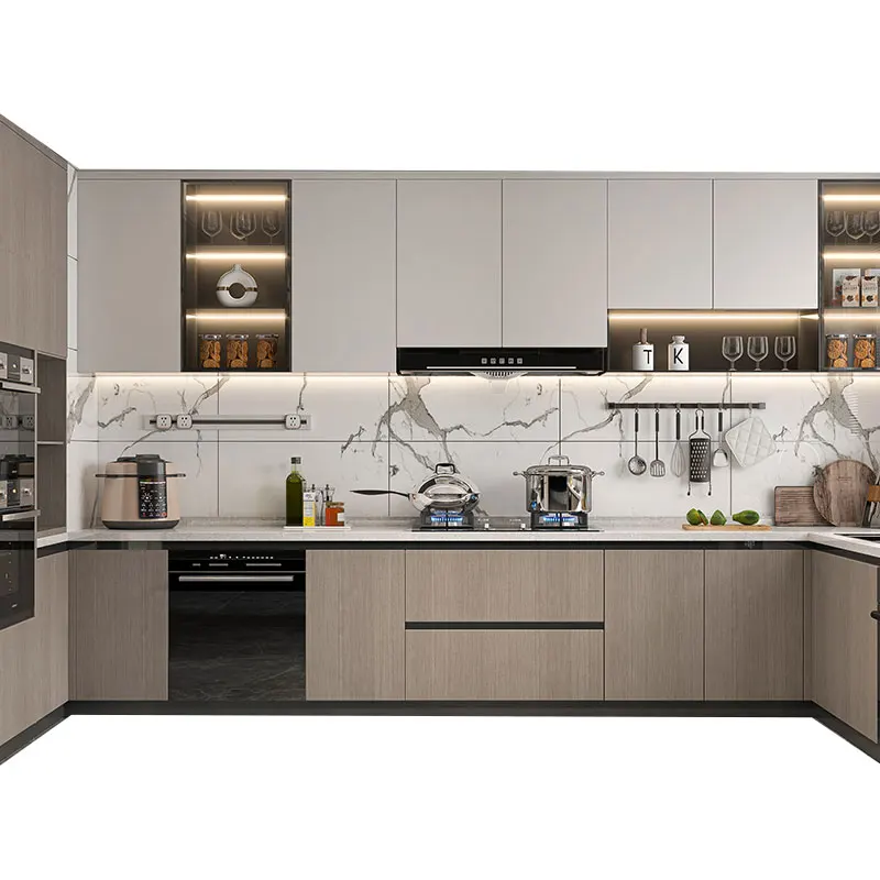 Classic Simple Wood design Metal Furniture ECO Friendly Fireproof Water Resistant Modular Aluminium Kitchen Cabinet