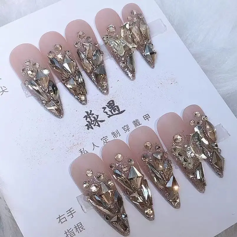 Custom Artificial Fingernails 3D Bling Crystal Rhinestone Diamond Handmade Press On Nails Tips Faux Ongles