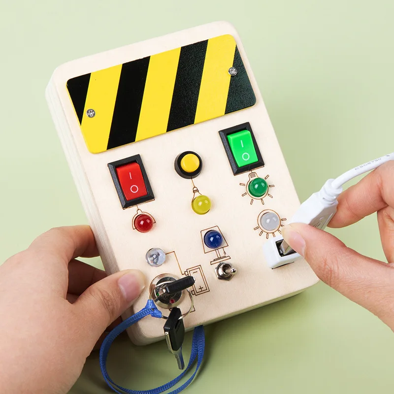 Best Selling Unisex Montessori Toy Three Wooden LED Light Switch Buttons Busy Board Control Circuit Panel for Children