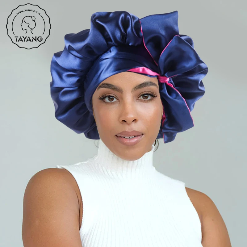 Wholesale Custom Logo Elastic Bands Double Layer Reversible Designer Silk Bonnets With Satin Hair Wraps
