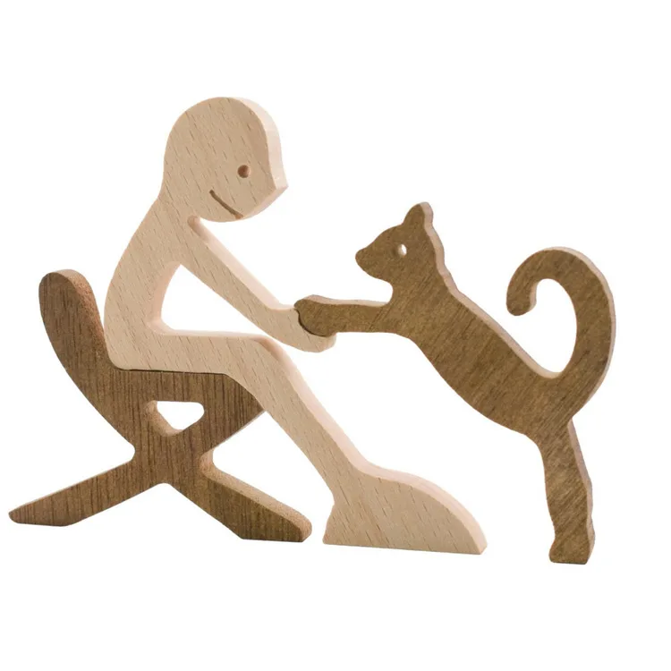Customization Wooden Cat Figurines Hand Carved Wood Cat Human Sculpture Statue Handmade Accents Crafts