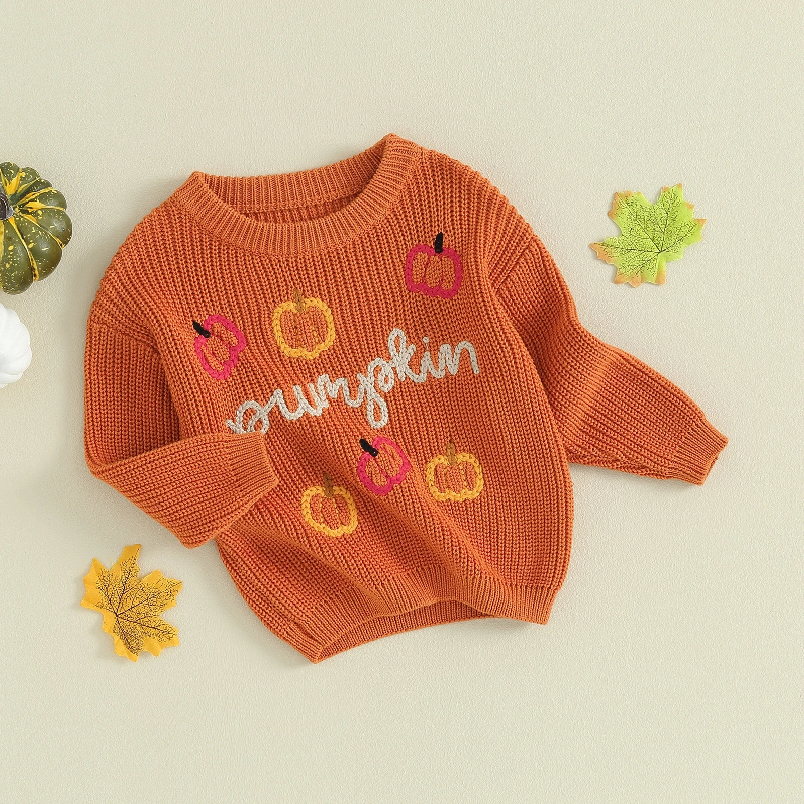 Rarewe Halloween Original Design Solid Color Kids Knitted Pullover Letter Patched Pumpkin Embroidery Girls Crocheted Sweater