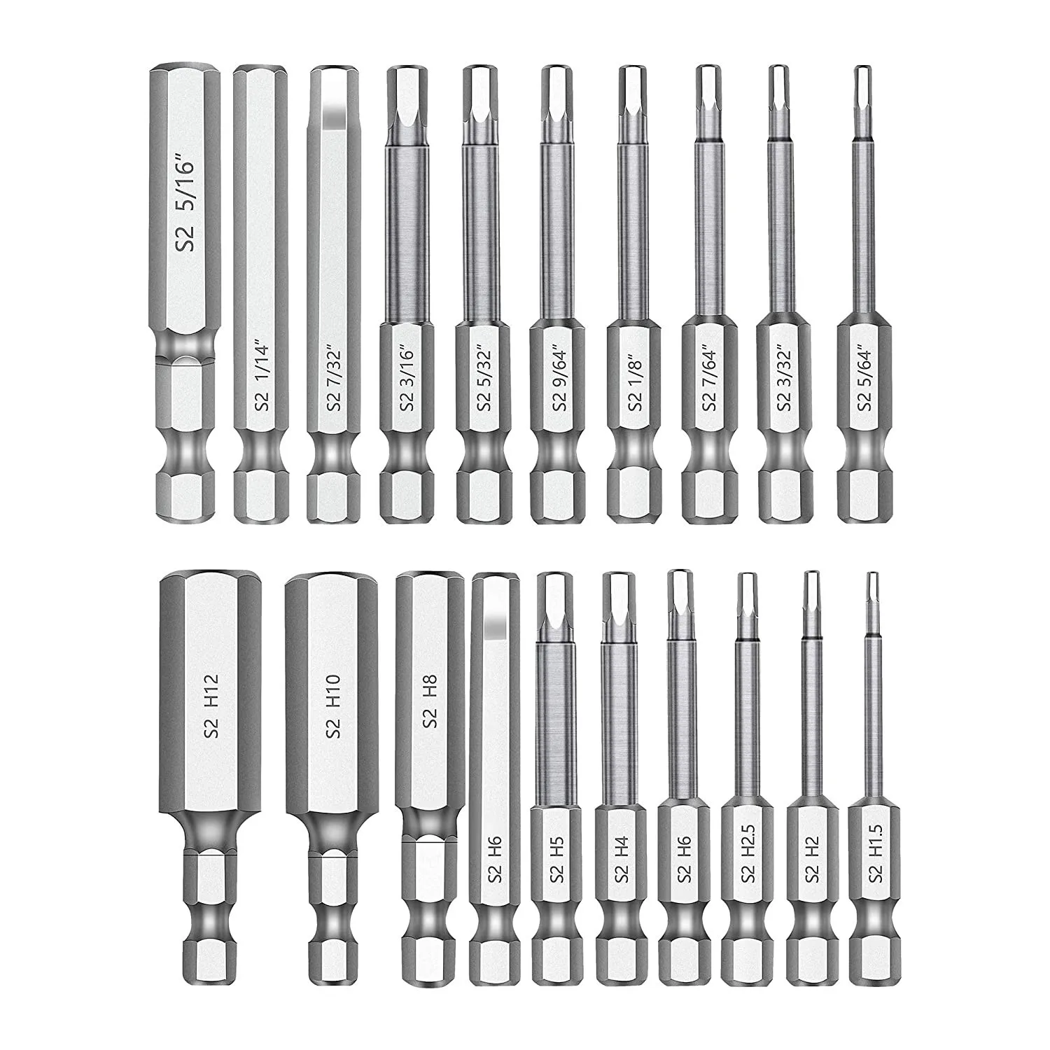 20 Piece Hex Head Allen Wrench Drill Bit Set, 1/4 Inch Hex Shank Metric and SAE S2 Steel Hex Bit Set, Magnetic Tips 50mm Long