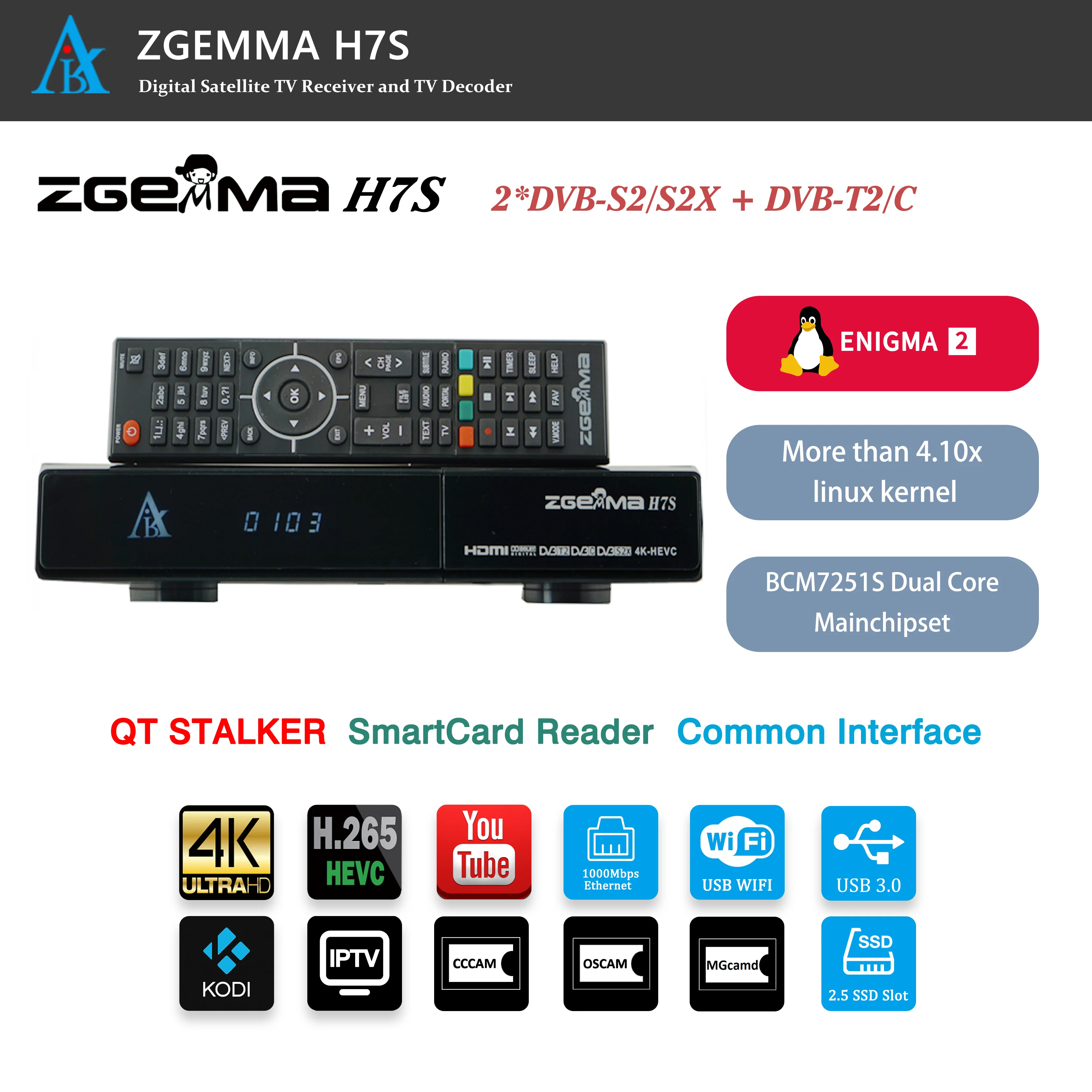 4K Satellite TV Receiver 2*DVB S2X+ DVB T2/C Enigma2 Linux OS TV Decoder support CA CI+ IPTV Stalker ZGEMMA H7S