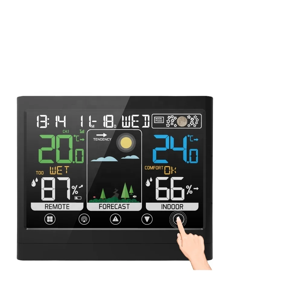 433MHz wireless RF color weather station clock with touch keys and indoor outdoor temperature humidity moldy risk alert