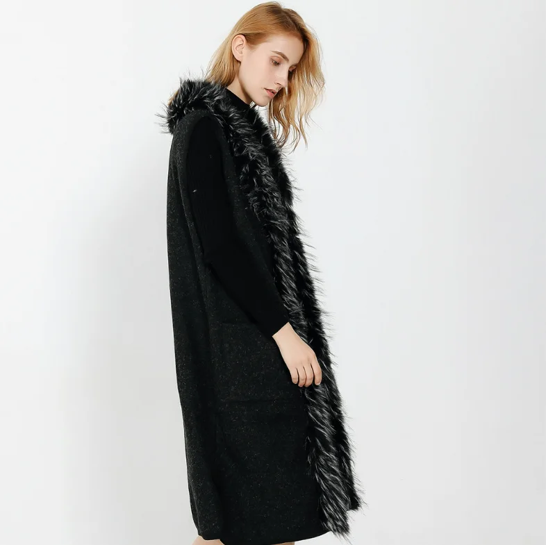 AGRADECIDO Cashmere Coat Women Winter Long Vest Coat Sleeveless Fleece Fur Coat Parka With Big Fur Collar