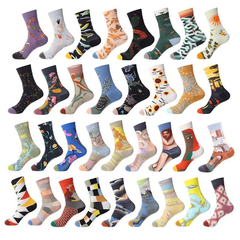 French Oil Painting Socks Trendy Socks Tube Cotton Wholesale Calcetines Lux Literary Men and Women Custom Socks Casual Knitted