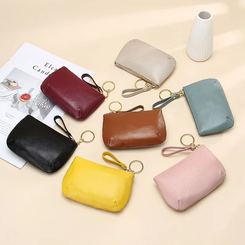 Custom Logo Full Grain Leather Coin Purse with Key Chain Small Cowhide Coins Change Wallet for Men Women