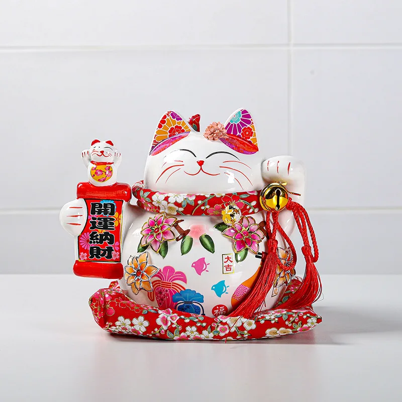 9 Inch Japanese Maneki Neko Lucky Cat Ceramic Statues with Cushion and Bells,Ceramic Fortune Cat Piggy Bank Money Bank for Kids
